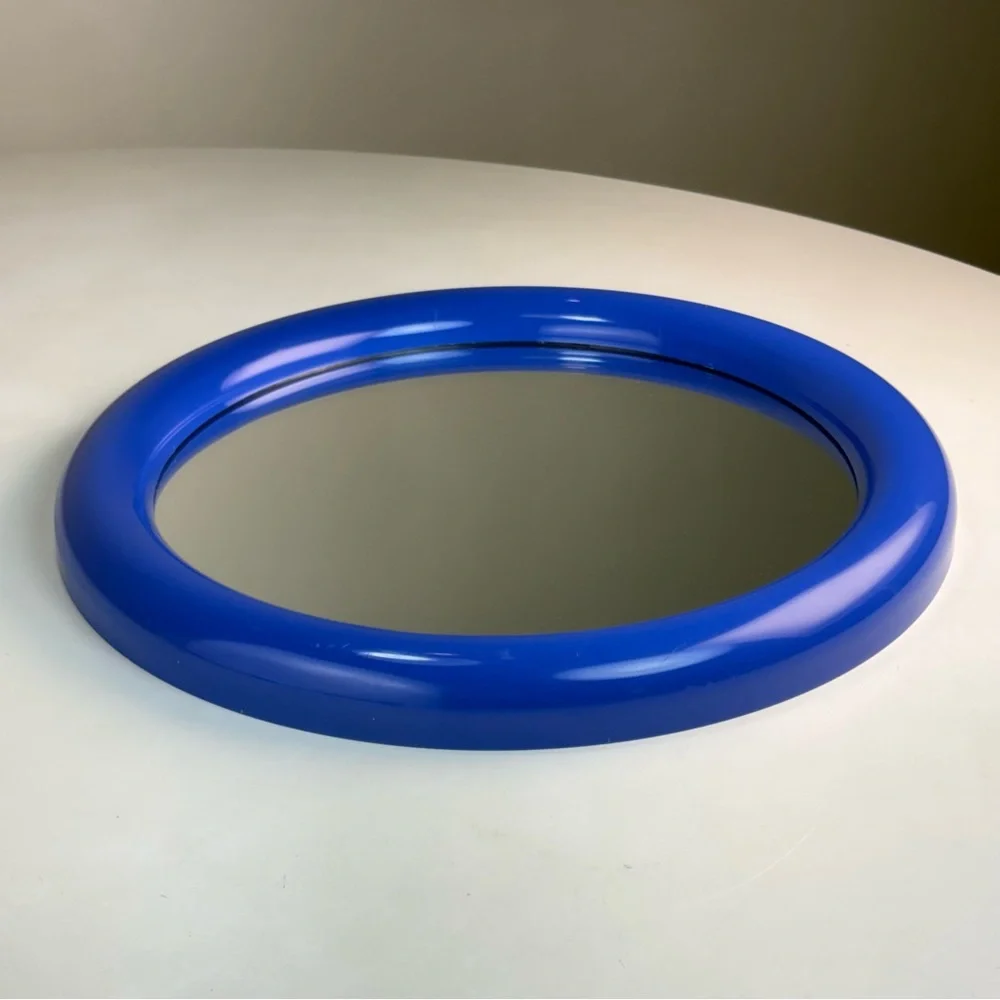 Vintage 12.25” Circle Blue Plastic Wall Mirror Space Age 80s 90s Post Modern